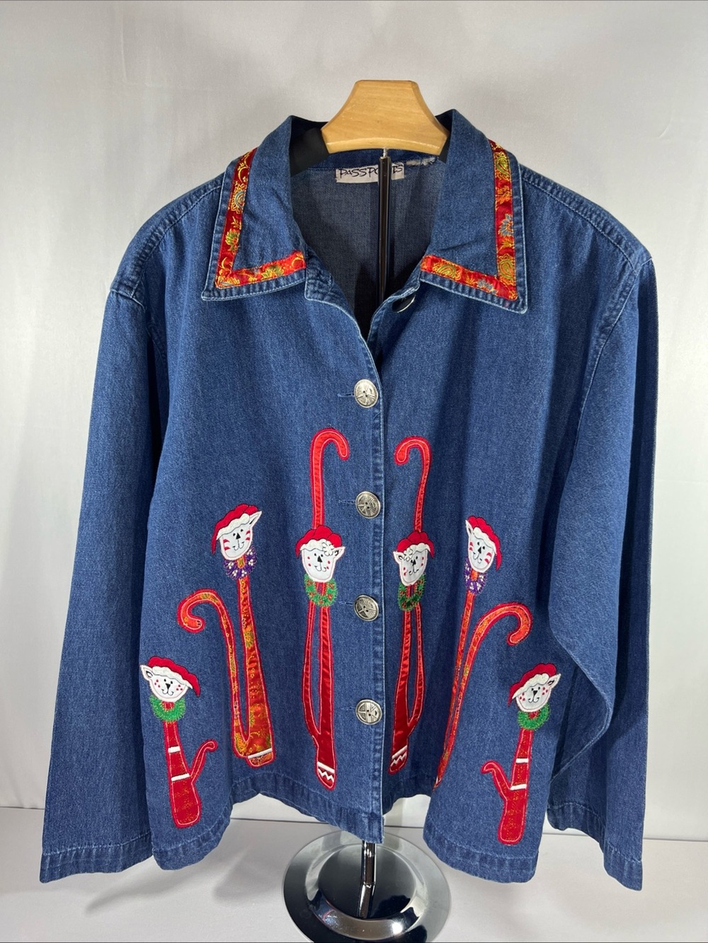 Vtg Passports Denim Christmas Cat Shirt Jacket 90s Ugly Holiday Brocade Trim L